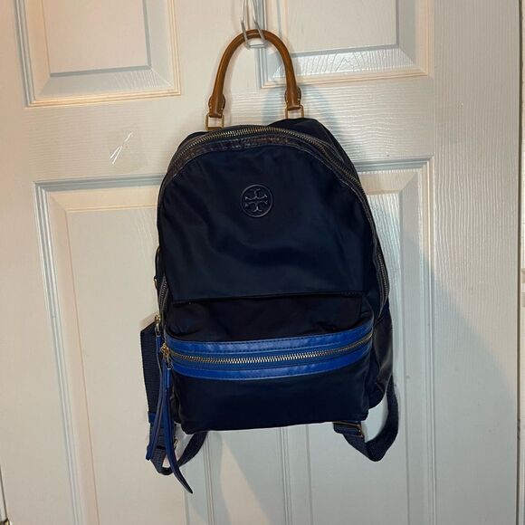 Tory Burch Perry Navy Blue Nylon small backpack royal blue leather trim . main image 13